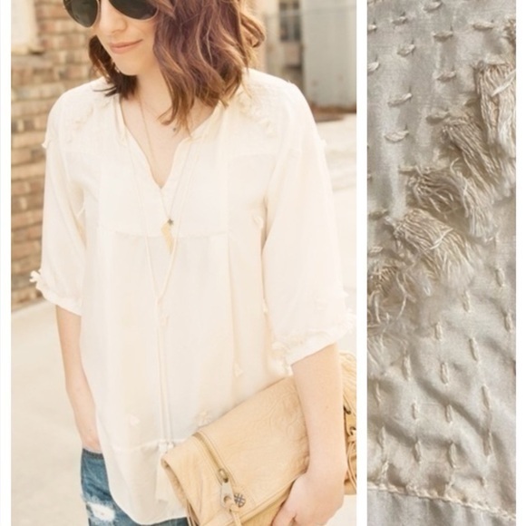 Anthropologie Tops - Anthropologie Pepin Cream Crinkled Silk Tassel Blouse Top XS
